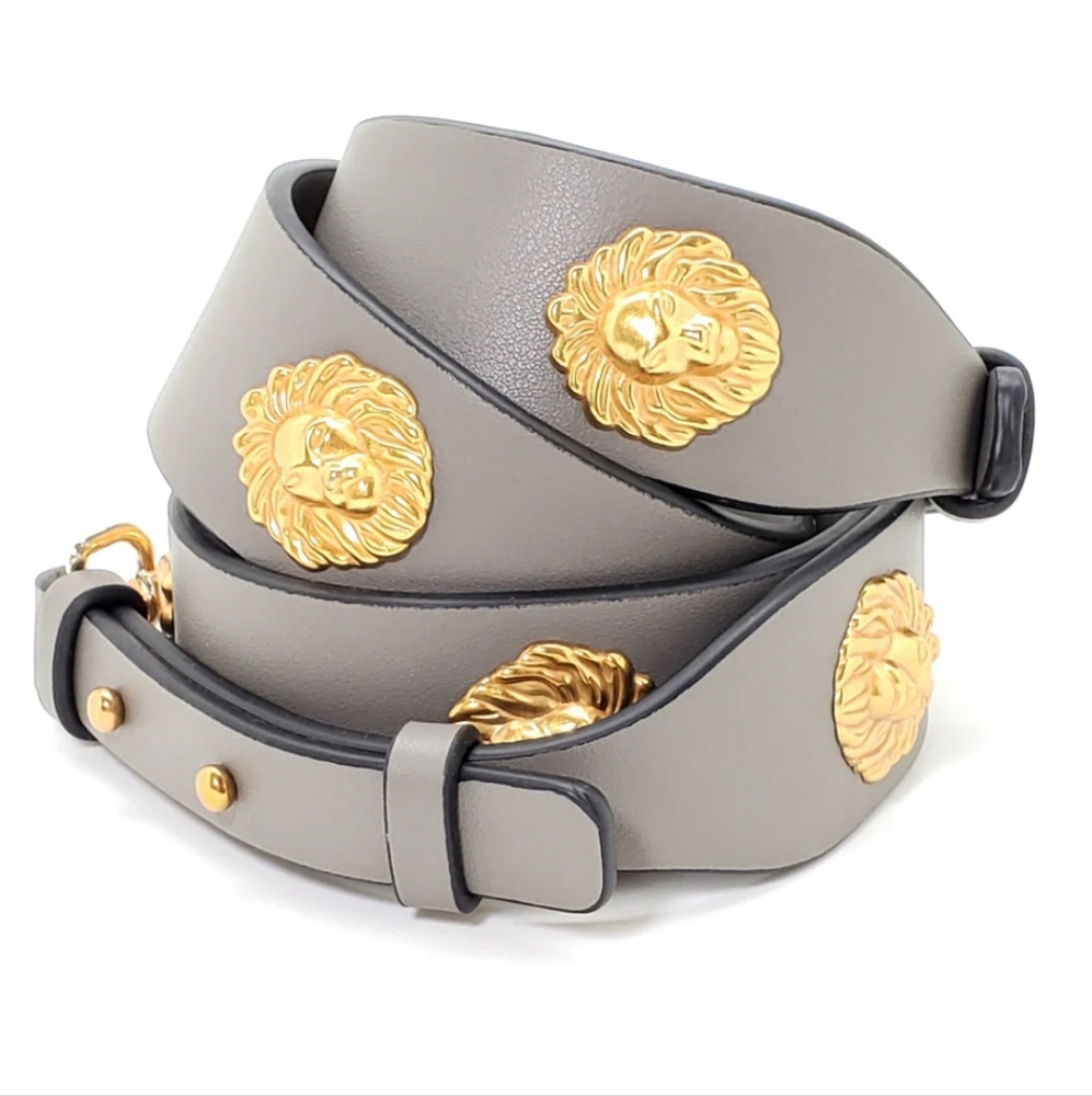 Golden Leo Lion Head Gold Tone Gray Purse Bag Crossbody Shoulder Strap